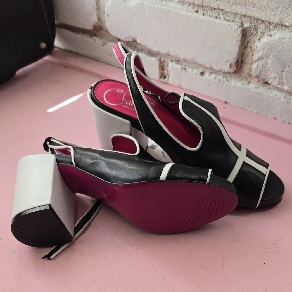 Black and White Open-Toe Slingback Heels peep toe mod ankle strap chunky - Picture 4 of 4
